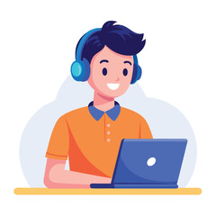 man in headphones, studying at laptop. Happy female student watching business webinar. Video conference call, remote work communication. Flat vector illustration isolated on white background