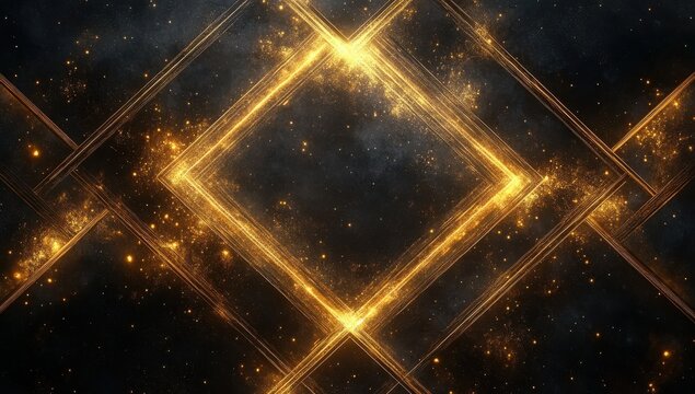 Abstract golden geometric pattern with glowing lines and sparkling stars against a dark cosmic background for designs and modern digital art projects