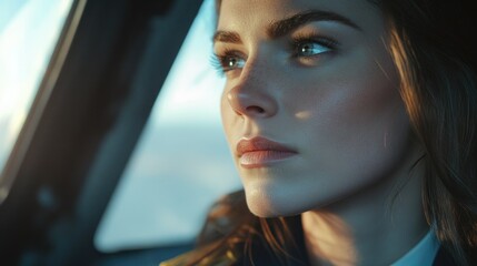 Woman looking out of airplane window, blurred background with sky and clouds, introspective expression.