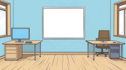 Office interior scene with blank whiteboard. Possible use for presentation design
