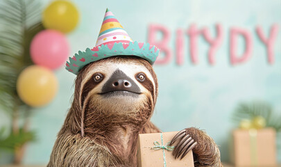 Obraz premium sloth wearing colorful party hat holds gift, celebrating joyfully. background features festive decorations and balloons, creating cheerful
