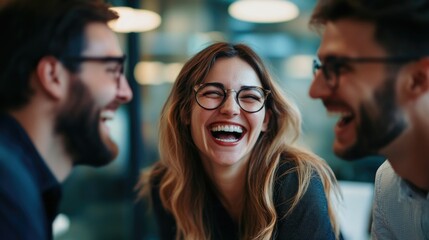 Fototapeta premium Friends gathered in an office environment, smiling and engaging in conversation