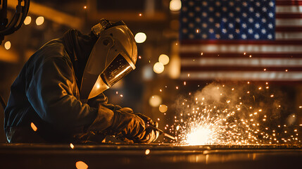 Welder at Work: A skilled welder, illuminated by sparks, is hard at work in a industrial setting, patriotic vibes with an American flag backdrop, symbolizing craftsmanship and industry. 