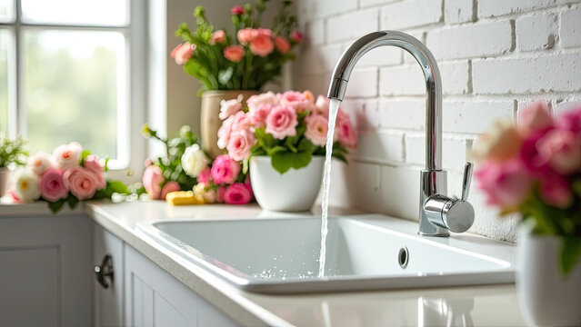 Close up water flows from the tap into a large white sink in flower shop, surrounded by an array of  flowers. Floral business, fresh cut flowers, March 8th, spring, birthday