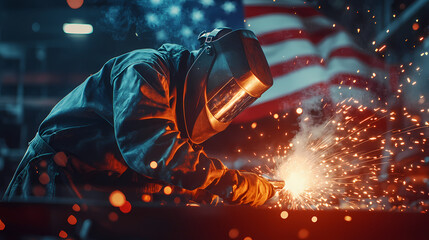 Welder at Work with the American Flag: A skilled welder engrossed in the sparks of welding, a striking American flag proudly displayed in the background.