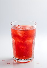 
Glass of red fruit juice with ice cubes on white background. Refreshing berry or cherry drink in clear tumbler glass. Perfect for summer beverage and healthy lifestyle photography.
