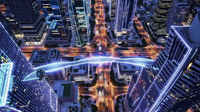 A futuristic aerial view of a bustling city at night with glowing highways and light trails from moving vehicles. Concept of smart urban mobility and technology