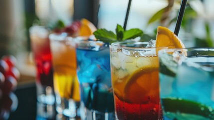 Colorful cocktails served with ice and fruits in natural light