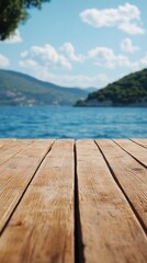 Obraz premium Serene Coastal Vista from a Rustic Wooden Pier Inviting Blue Waters and Distant Verdant Hills Under a Bright Sky Creating a Tranquil and Relaxing Atmosphere