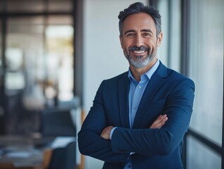 Fototapeta premium A person in a suit, standing confidently with hands on hips, smiling and looking towards the camera.
