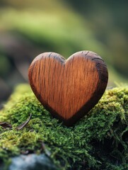 Rustic Wooden Heart on Mossy Surface Symbolizing Love Connection with Nature and Organic Beauty in Soft Light