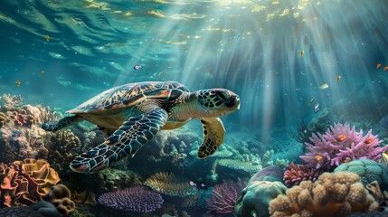 Fototapeta premium Sea turtle swimming gracefully above a vibrant coral reef