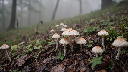 Fototapeta premium Wild mushrooms growing on damp soil surrounded by wet leaves and grass mist drifting through forest