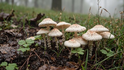 Wild mushrooms growing on damp soil surrounded by wet leaves and grass mist drifting through forest