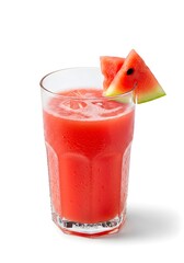 Watermelon juice with fruit slice in glass isolated on white. Refreshing and vibrant summer drink for healthy lifestyle and tropical themes.