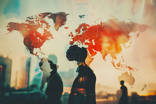 Global Vision: Silhouetted figures, representing global unity and ambition, gaze towards a vibrant world map overlaid on an industrial cityscape.