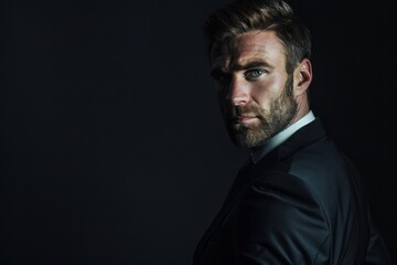 Serious businessman in black suit with intense expression on dark background