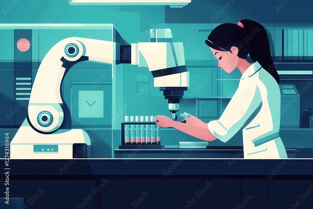 Poster a lab technician using an automated pipetting robot to prepare multiple samples for testing,