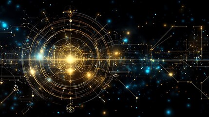 Fototapeta premium Digital Universe Visualization with Stars, Lights, and Geometric Patterns in Cosmic Background