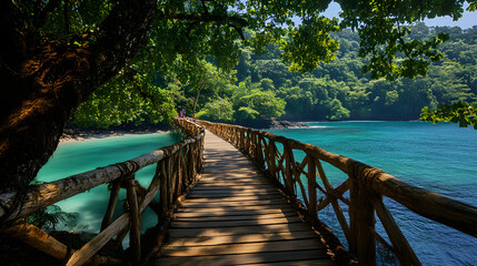 This piece highlights allure of a wooden footbridge that guides individuals to beach emphasizing its rustic design pathway it creates to paradise and excitement and thrill it brings,