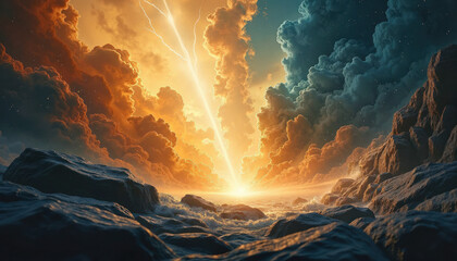 Fototapeta premium Dramatic landscape with turbulent clouds and lightning striking over a rocky shore at sunset