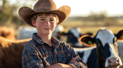 Young cowboy poses confidently with dairy cattle on sunny farm landscape in rural America