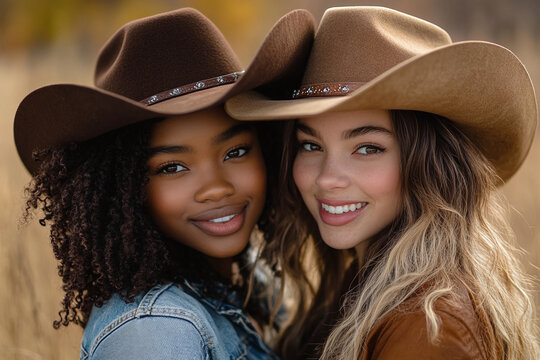 Two cowgirls of African-American and European appearance in cowboy hats look at the camera and smile
