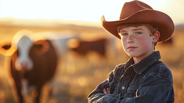 Young cowboy poses confidently with dairy cattle on sunny farm landscape in rural America