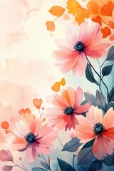 Watercolor floral illustration featuring delicate pink flowers orange leaves and soft pastel background for spring designs