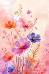 Watercolor Cosmos Flowers Painting in Pastel Shades of Pink Orange and Blue in a Floral Composition with a Dreamy Background