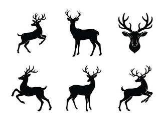 Set of silhouettes of deer on white background