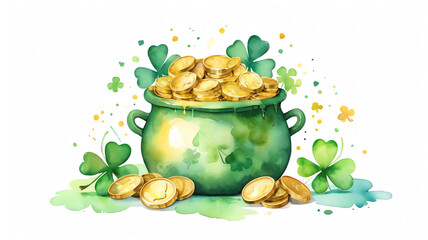 Green pot with gold coins and shamrocks. Cute watercolor illustration for holiday St. Patrick's Day.