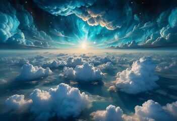 Naklejka premium Celestial Panorama, Ethereal Clouds and Radiant Light Above the Horizon