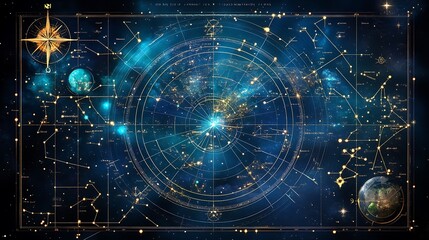 Stunning Cosmic Map with Constellations and Galaxies in Deep Space Imagery and Bright Stars