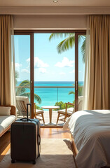 Obraz premium The interior of the hotel room with a view of the ocean for a beach holiday and travel. 