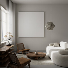 living room interior mock up with modern furnitures. Poster frame mock up in modern interior design. 3D illustration