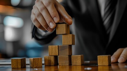 Strategic Planning with Wooden Blocks Building a Pyramid Structure for Business Growth and Success Concept
