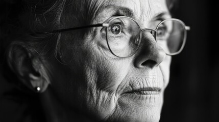 An elderly woman with white hair, wearing glasses, looking straight ahead with a contemplative expression.