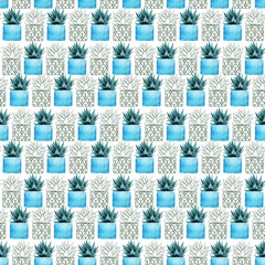 Watercolor seamless pattern with cacti of different species and flowers