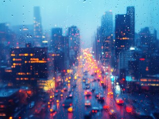 Rainy Cityscape View Through Wet Window Reflecting Urban Lights and Modern Architecture Creating a Moody Atmospheric Scene