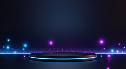 Stage with glowing lights and dark background for performance or presentation in a modern setting