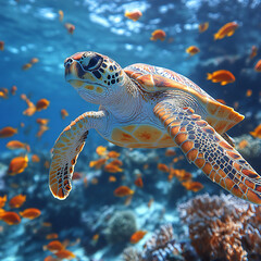 Fototapeta premium A peaceful underwater scene of a sea turtle gliding along a tropical coral reef, surrounded by colorful fish