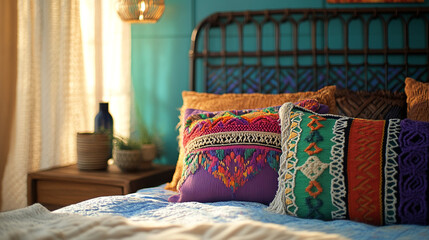 Cozy bedroom filled with colorful pillows in a warm and inviting space