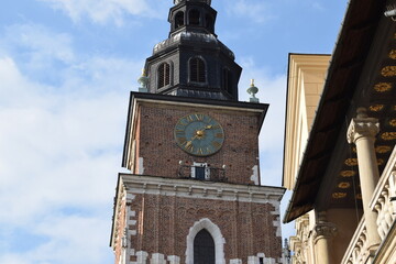 Tower with clock in old town of Krakow Poland