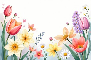 Fototapeta premium Watercolour frame with spring flowers tulips, daffodils - Spring card with a space for text for March 8, Women's Day, Easter. 