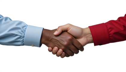 Two hands shaking, one dark brown, one light-toned, (ethnicity:1.2), (age:1.1), (detailed clothing:1.2),  (accessories:0.0), (facial features:0.0), (expression:1.2), (body type:0.0), (pose:1.2),  