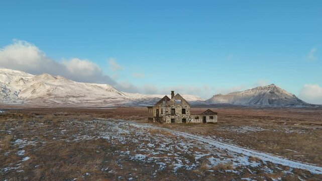 Drone view of Dagverdara River on Snaefellsnes Peninsula standing against snow-covered mountain