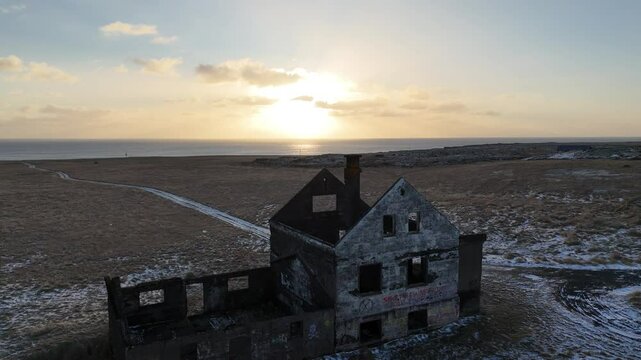 Drone landscape view of Dagverdara River on Snaefellsnes Peninsula standing in snowy field