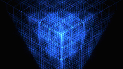 3D blue square background formed from lines with neon effect. Generative AI.