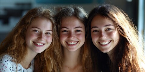 Fototapeta premium Two young women smiling for a selfie photo, close and happy expressions.